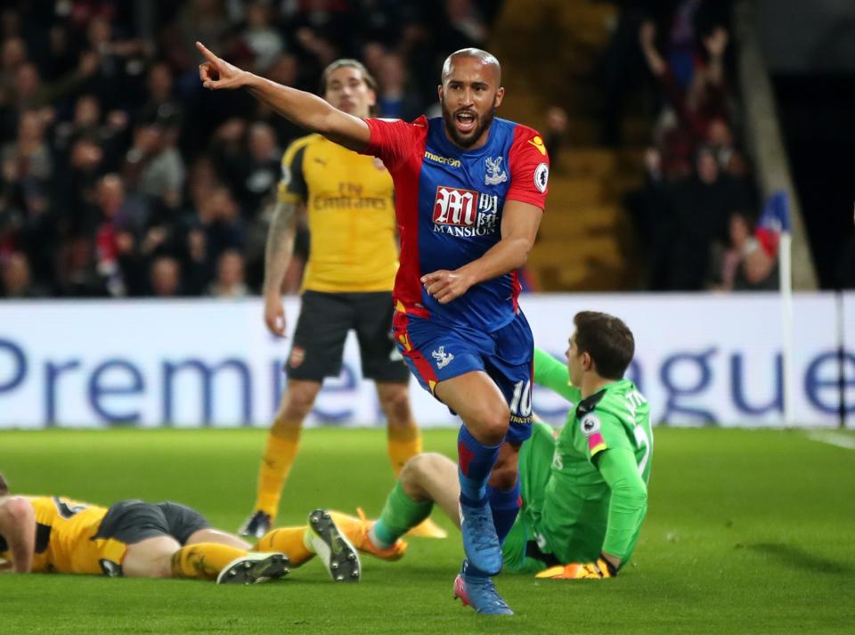 <p>Andros Townsend wheels away in triumph after making it 1-0</p>