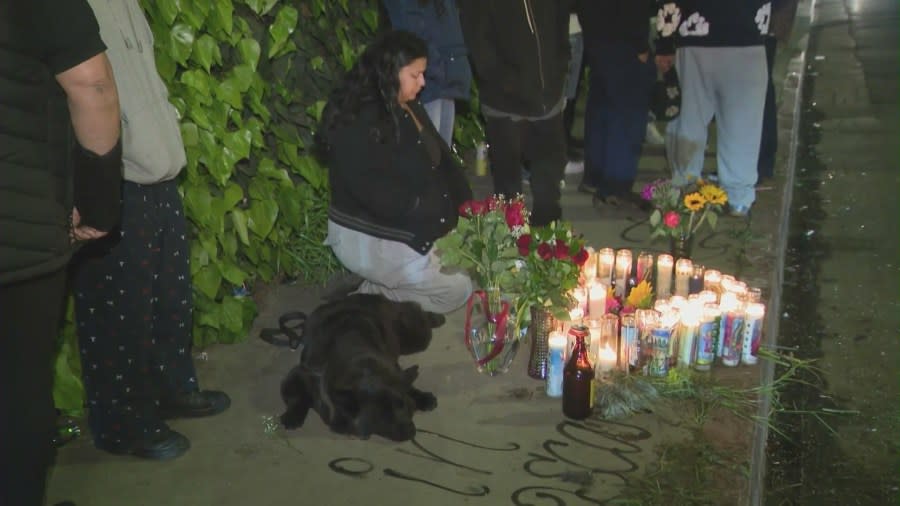 A vigil was held to remember two victims killed in a DUI crash in Jefferson Park on March 29, 2024. (KTLA)