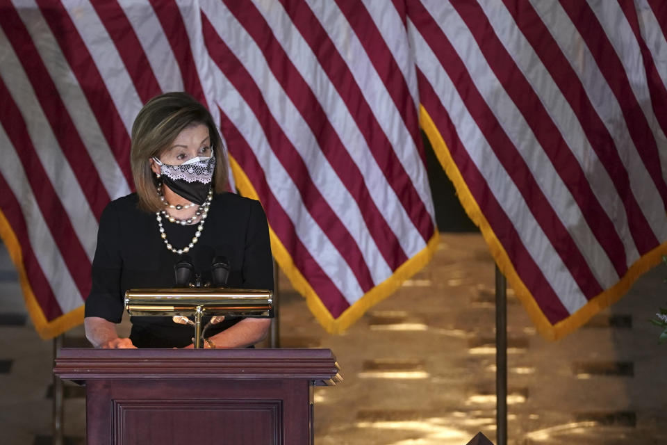 House Speaker Nancy Pelosi of Calif., speaks during a Celebration of Life for Rep. Alcee Hastings, D-Fla., in Statuary Hall on Capitol Hill in Washington, Wednesday, April 21, 2021. Hastings died earlier this month, aged 84, following a battle with pancreatic cancer. (Stefani Reynolds/Pool via AP)