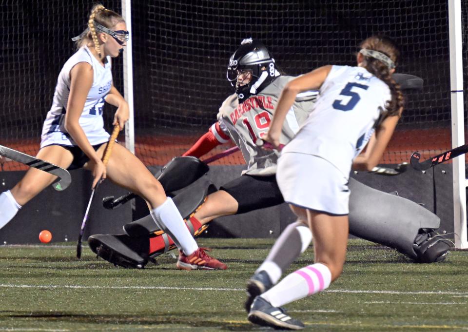 HARWICH   9/21/22  Helen DiGiovanni of Monomoy puts a shot past Barnstable goalie Grace Bunnell for the game's only goal.