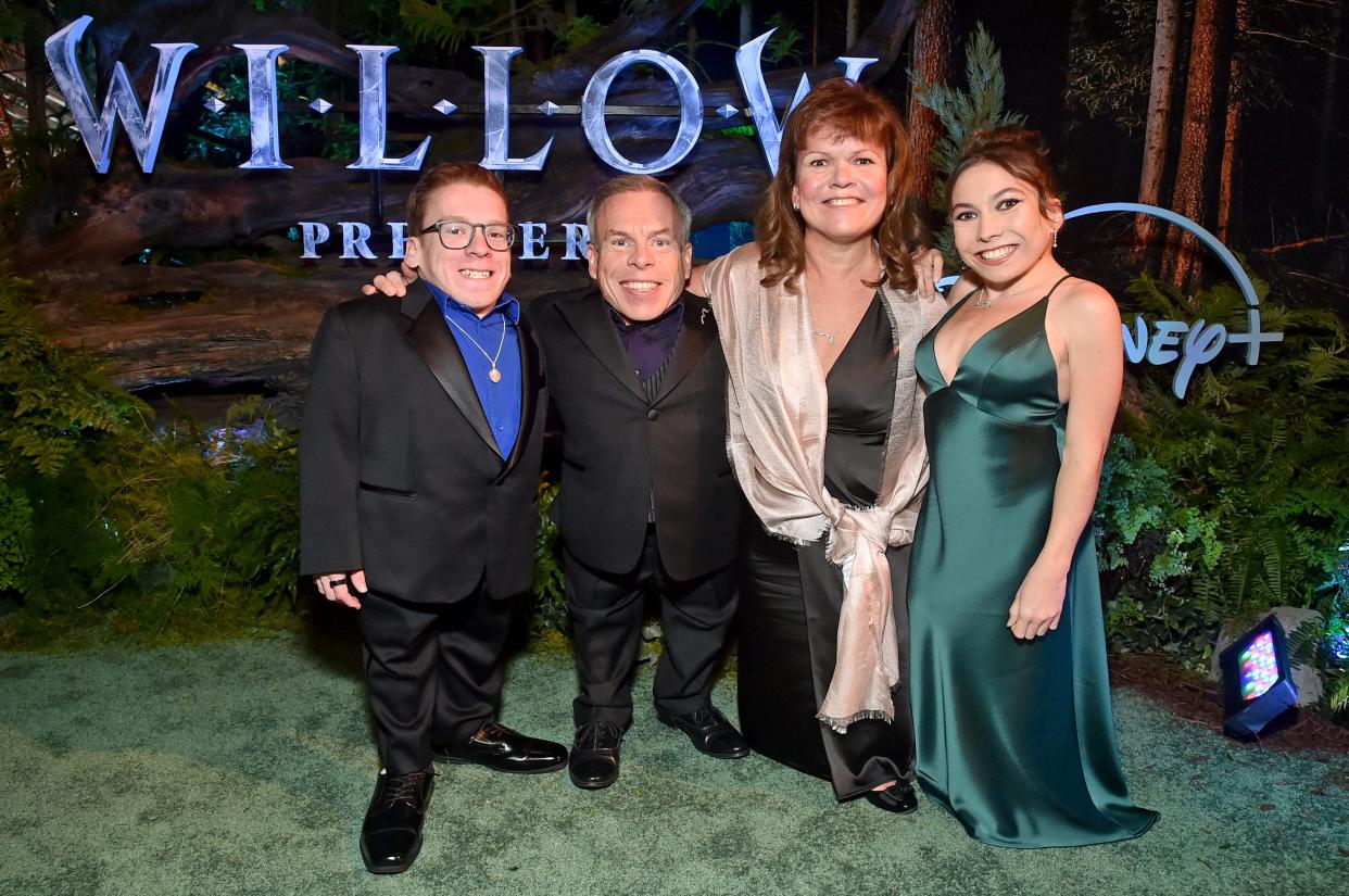 From left, Harrison Davis, Warwick Davis, Samantha Davis, and Annabelle Davis at the premiere of "Willow" in Los Angeles in November 2022.