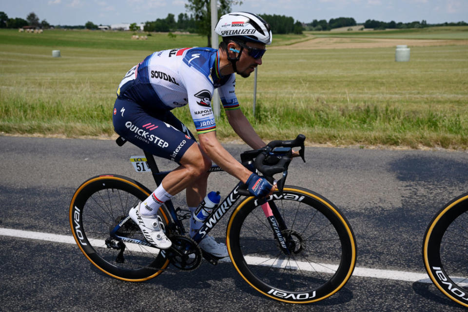 SALINSLESBAINS  JUNE 08 Julian Alaphilippe of France and Team Soudal  Quick Step competes during the 75th Criterium du Dauphine 2023 Stage 5 a 1911km stage from CormoranchesurSane to SalinslesBains  UCIWT  on June 08 2023 in SalinslesBains France Photo by Dario BelingheriGetty Images