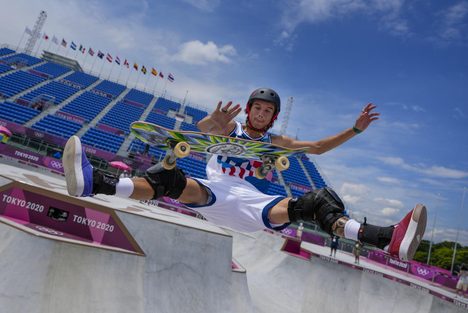 Heimana Reynolds of the United States takes part in a men's park skateboarding practice session at the 2020 Summer Olympics, Monday, Aug. 2, 2021, in Tokyo, Japan. (AP Photo/Ben Curtis)