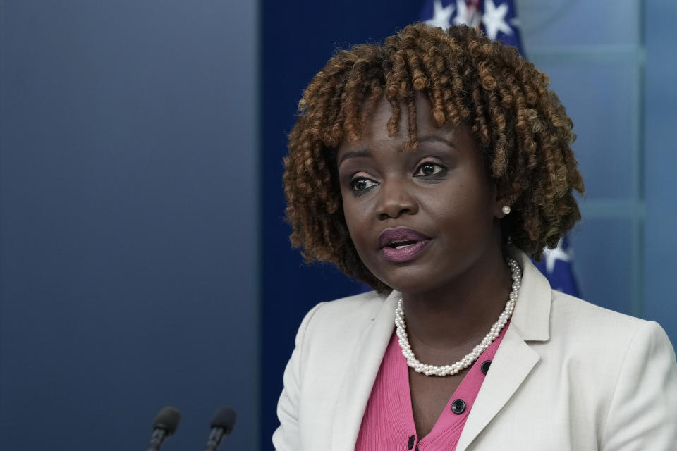 White House press secretary Karine Jean-Pierre speaks during the daily briefing at the White House in Washington, Monday, June 12, 2023. (AP Photo/Susan Walsh)