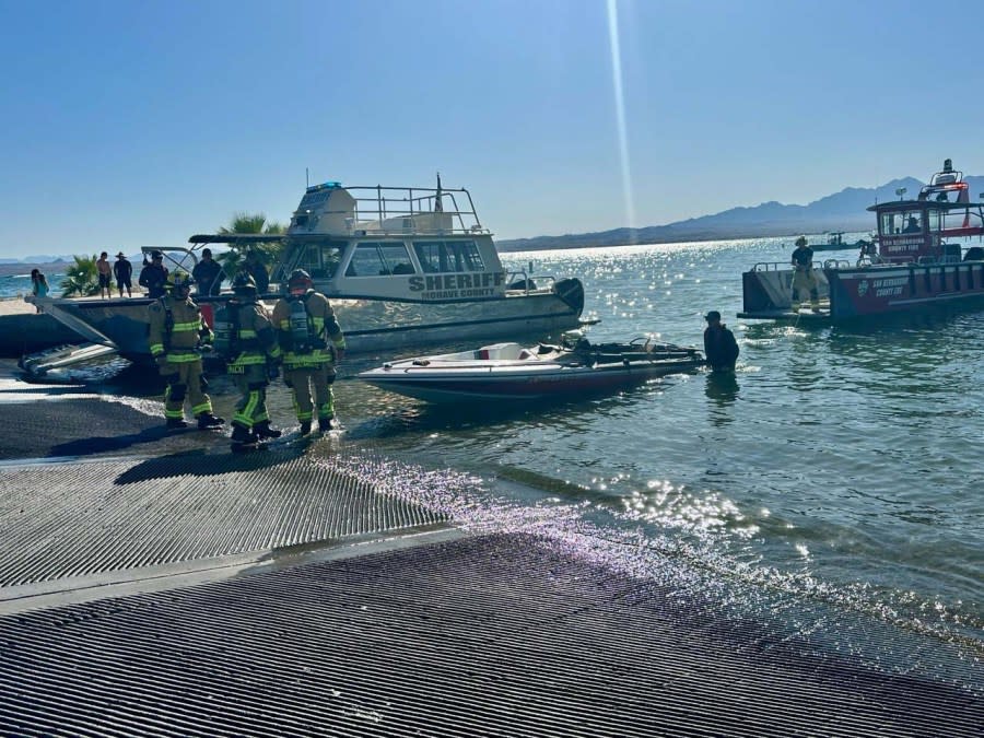Firefighters at Lake Havasu, where a boat burst into flames on Sunday, May 26, 2024. (Photo: Mohave County Sheriff’s Office)