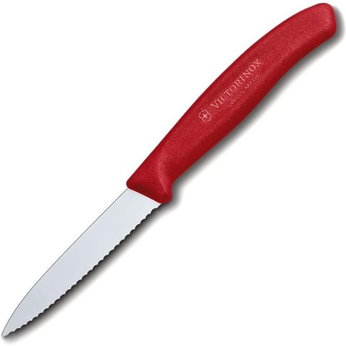 victorinox paring knife with red handle against white background