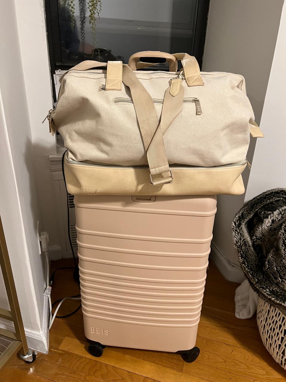 my beis weekender bag and suitcase