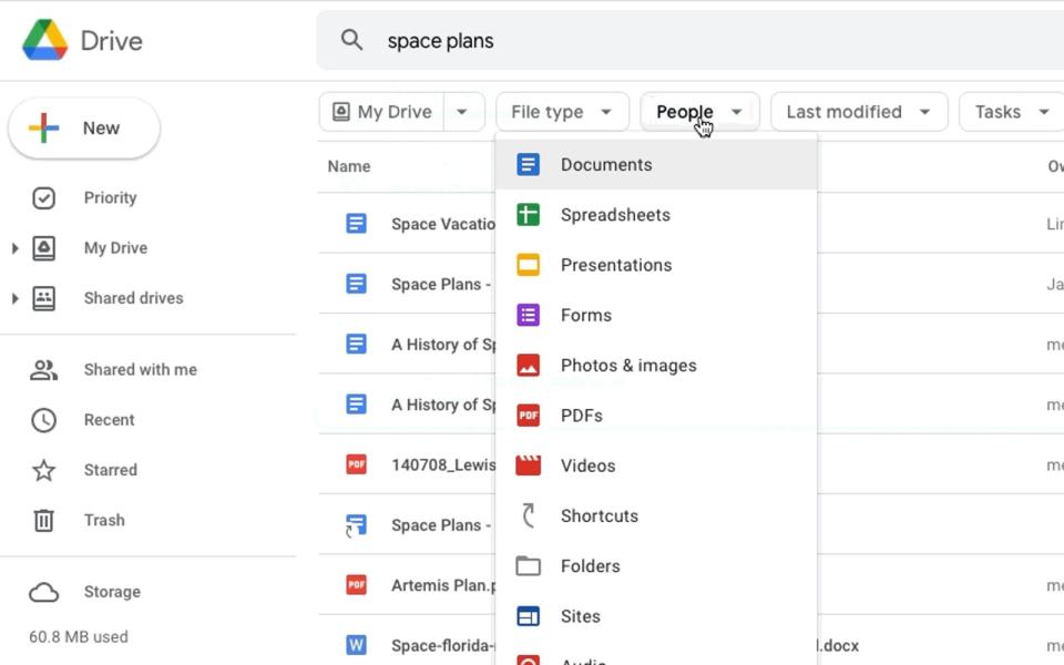 Google Drive search chips