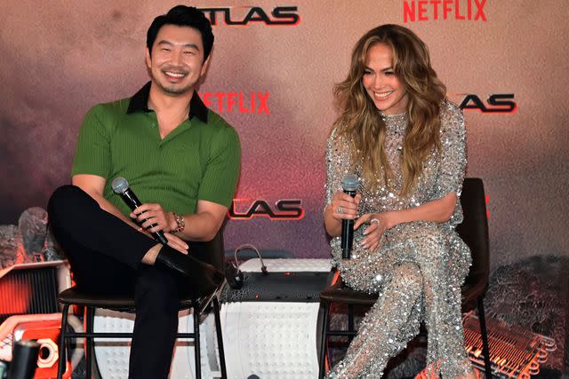 <p>Carlos Tischler/Eyepix Group/Shutterstock</p> Simu Liu and Jennifer Lopez at the 'Atlas' press conference in Mexico City on May 22, 2024