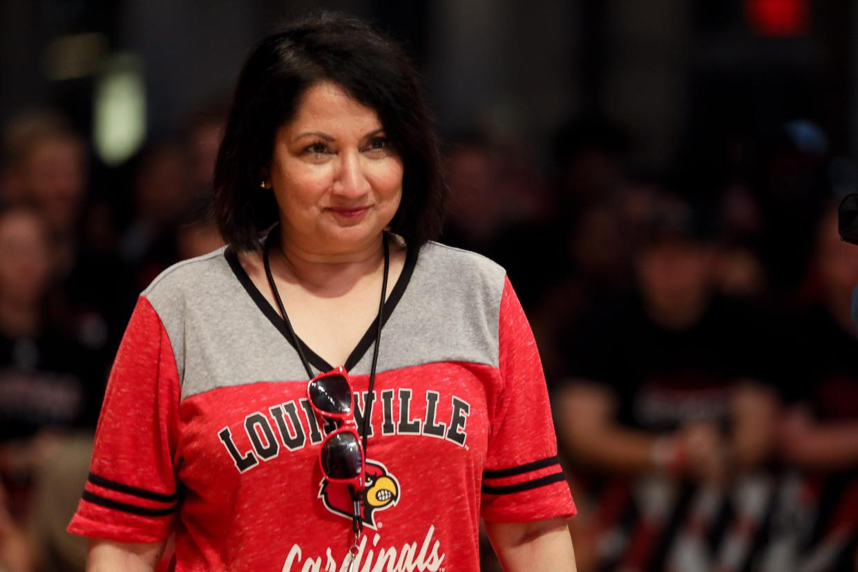 President Dr. Neeli Bendapudi during a UofL basketball pep rally at Fourth Street Live in Louisville, KY. Sept. 27, 2019