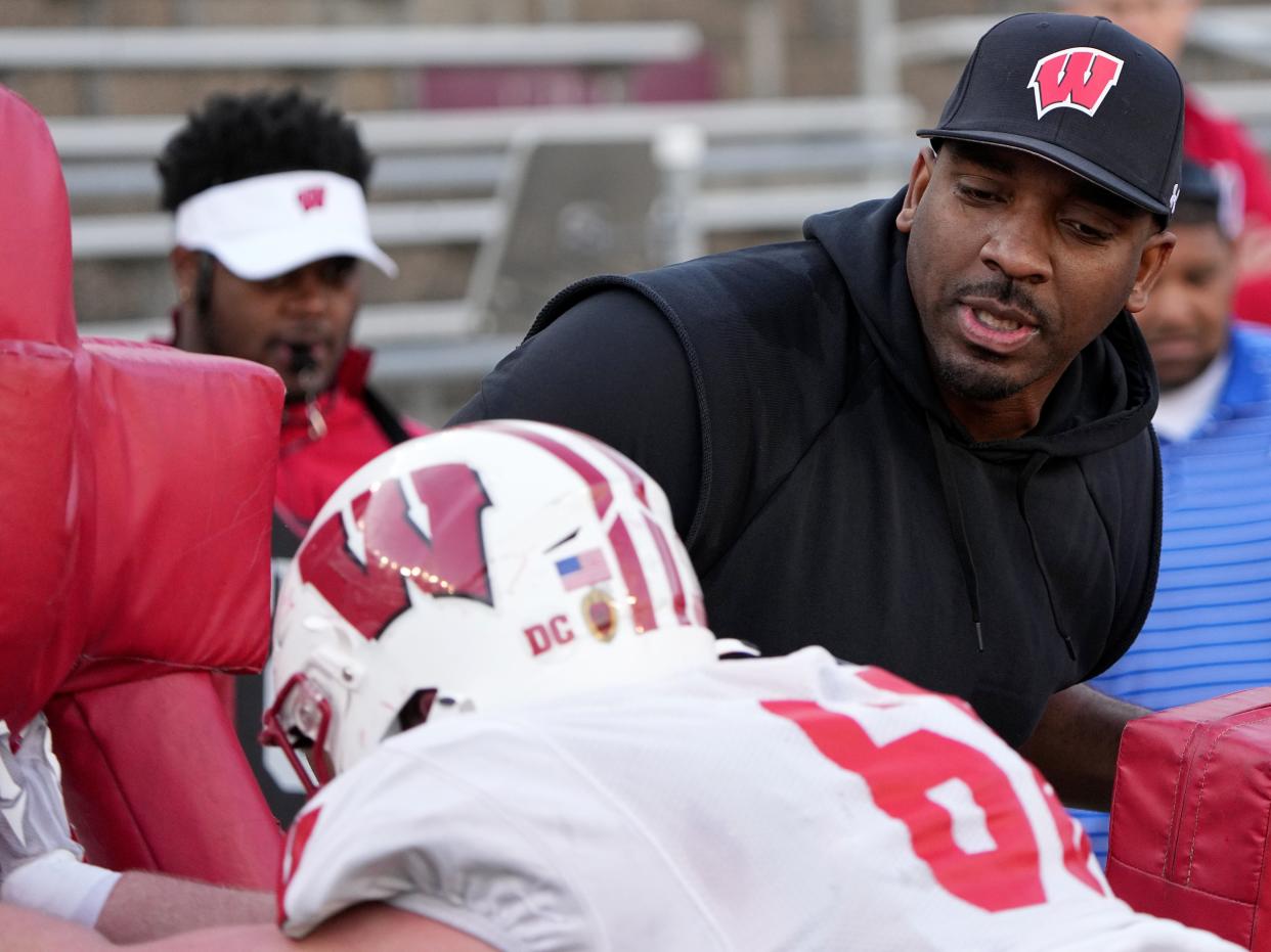 Wisconsin defensive line coach Greg Scruggs during practice at Camp Randall Stadium in Madison, Wis. on April 11, 2023.