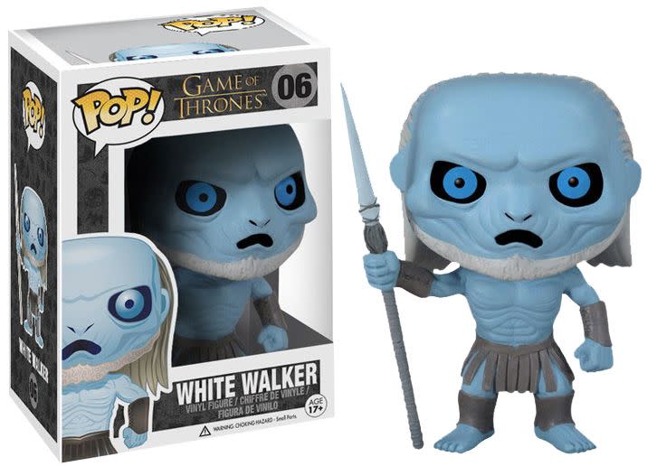 "This excellent <a href="http://www.entertainmentearth.com/prodinfo.asp?number=FU3017#.Ubn7B2Q6XsA" target="_blank">Game of Thrones White Walker Pop! Vinyl Figure </a>features the frozen zombie as a stylized 3 3/4-inch tall Pop! Vinyl figure - complete with frozen blue body, creepy blue eyes, and spear. Ages 17 and up."