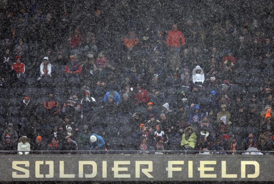 Soldier Field is covered in snow, and that affected one San Francisco 49ers scoring play. (AP)