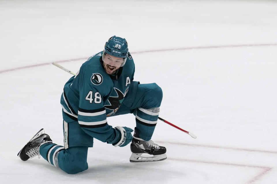 San Jose Sharks center Tomas Hertl celebrates his overtime goal against the New York Rangers in an NHL hockey game Tuesday, Jan. 23, 2024, in San Jose, Calif. (AP Photo/Godofredo A. Vásquez)