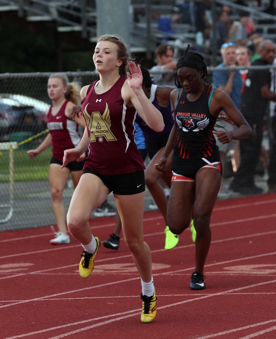 Arlington's Riley Pettigrew on her way to winning the girls 100-meter dash during the Section 1 State Track Qualifier at Arlington High School in Freedom Plains June 3, 2022.