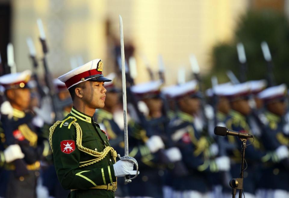 The commander of the honor guard shouts commands during a ceremony to mark Myanmar's 70th anniversary of Union Day in Naypyitaw, Myanmar, Sunday, Feb. 12, 2017. (AP Photo/Aung Shine Oo)