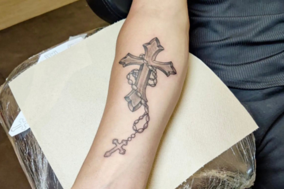 Forearm rosary cross tattoo<p>Zaman Tattoo Studio Kos Island, Greece</p>