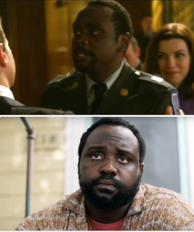 Above, a closeup of Brian in a military uniform on The Good Wife; below, a closeup of him in Causeway