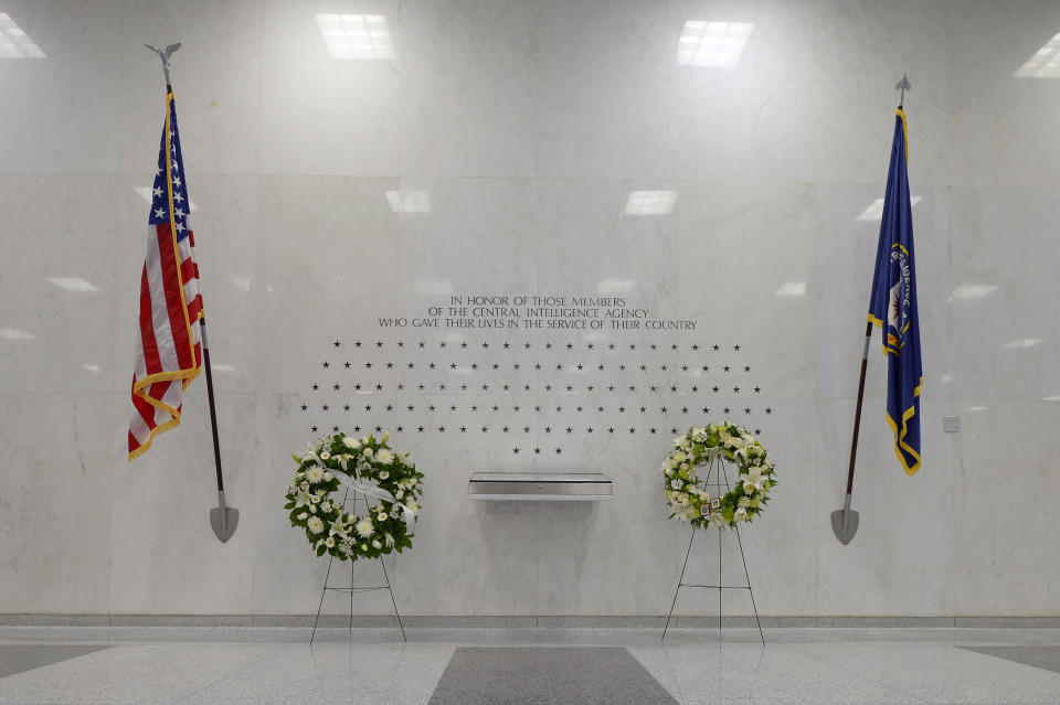 CIA Memorial Wall in the lobby of the CIA headquarters with stars signifying the agents and contractors killed in the line of duty