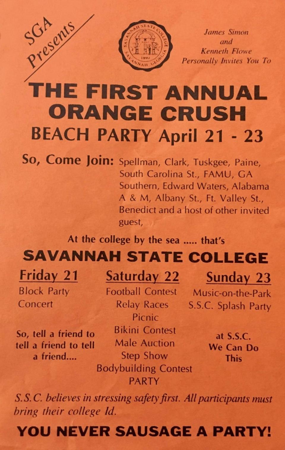 The first orange crush advertised a block party, male auctions bikini contests and more.