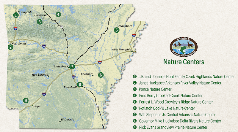  The Game and Fish Commission operates nine Nature Centers in Arkansas. (Screenshot/Game and Fish Commission map)