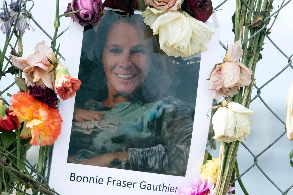 A photograph of Bonnie Fraser Gauthier on the Hurricane Ian memorial at Centennial Park on Sunday, October 9, 2022 in Fort Myers, Fla. 