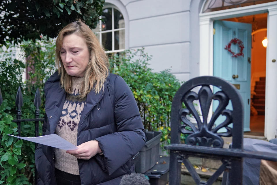 Allegra Stratton speaking outside her home in north London where she announced that she has resigned as an adviser to Boris Johnson and offered her 