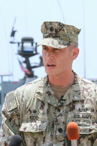 Commander Sean Kido of the US navy speaks during a press briefing at a UAE naval facility near the port of Fujairah on June 19, 2019