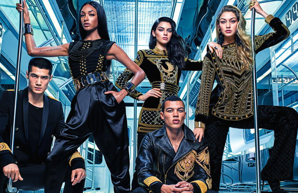 All aboard! The models wear some of Olivier Rousteing’s signature Balmain looks that were recreated for H&M.  