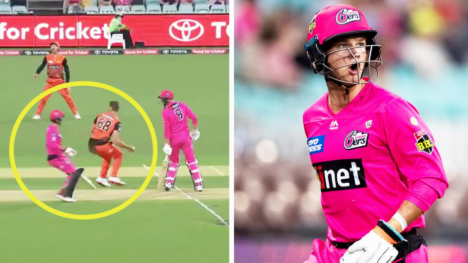 Sydney Sixers star Josh Phillipe (pictured right) in shock after being run out (pictured left) after a mix-up.