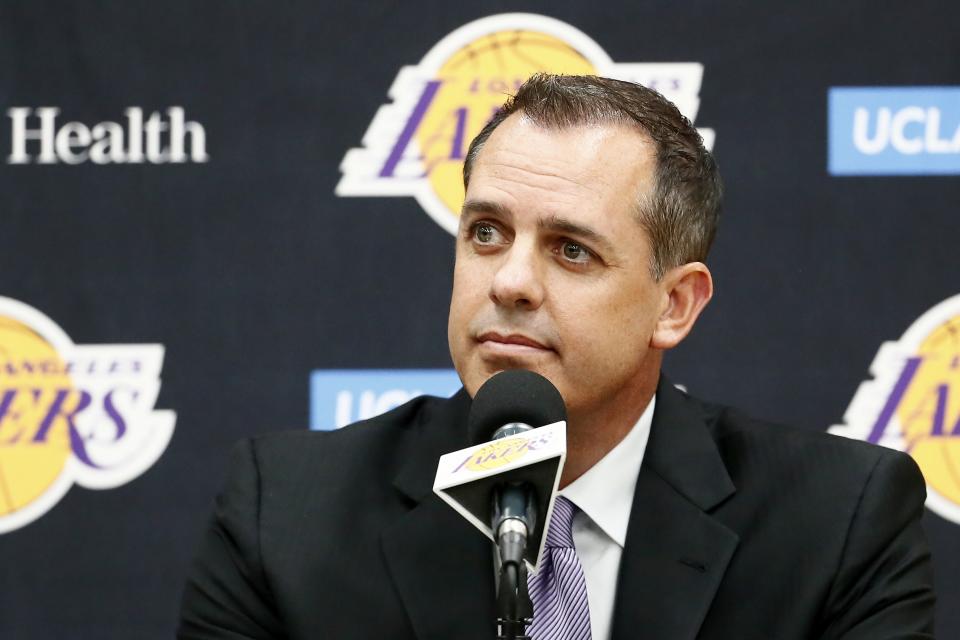 EL SEGUNDO, CA - MAY 20:  Los Angeles Lakers hold a press conference to announce Frank Vogel as their new head coach on May 20, 2019 at the UCLA Health Training Center in El Segundo, California. NOTE TO USER: User expressly acknowledges and agrees that, by downloading and/or using this photograph, User is consenting to the terms and conditions of Getty Images License Agreement. Mandatory Copyright Notice: Copyright 2019 NBAE (Photo by Chris Elise/NBAE via Getty Images)