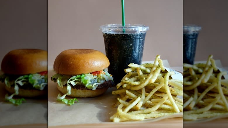 burger, fries, and soda