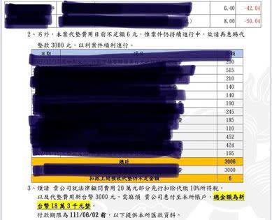 ▲許藍方公開律師收費信件，為打官司付出不少費用。（圖／翻攝許藍方FB）