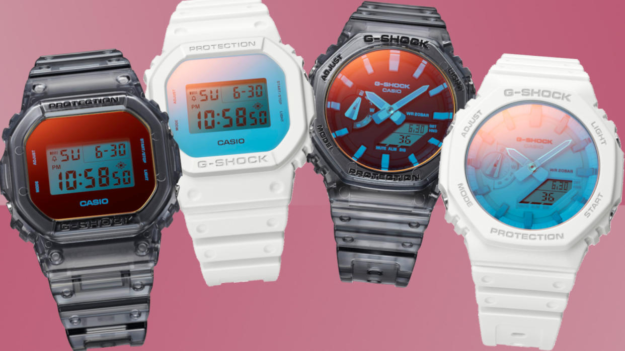  The Casio G-Shock Beach Time Lapse collection on a pink background. 