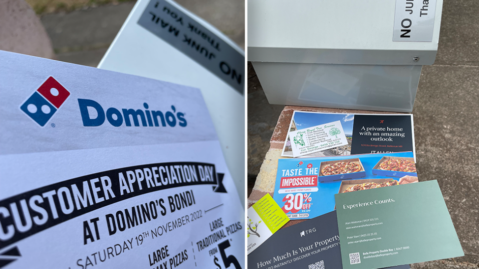 Two images of junk mail pamphlets beside the author's letterbox. It has a no junk mail sign on it.