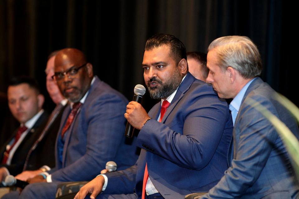 Congressional primary candidate Burt Thakur speaks during a primary candidate forum hosted by The Lincoln Club of the Coachella Valley in Rancho Mirage, Calif., on May 9, 2022.