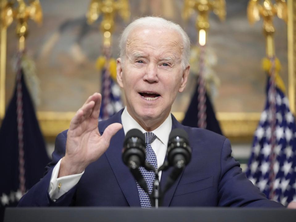 President Joe Biden speaks about the banking system in the Roosevelt Room of the White House, Monday, March 13, 2023 in Washington (AP)