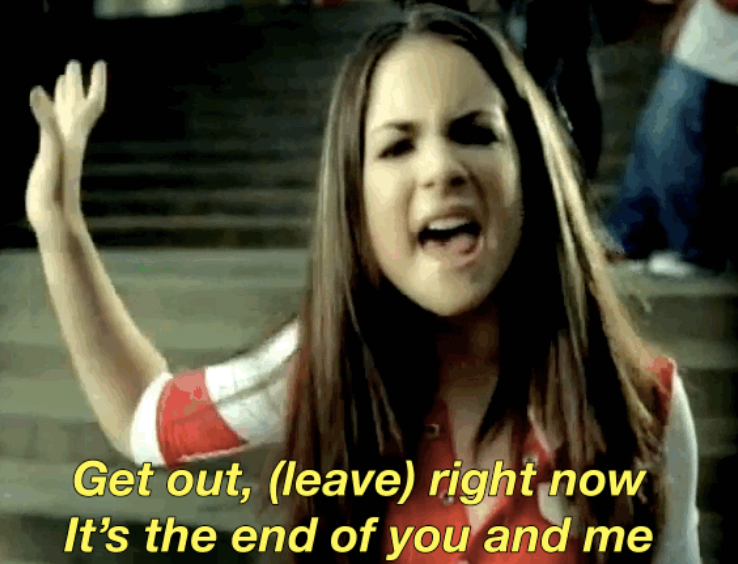 JoJo in her "Leave (Get Out)" music video, with caption "Get out, leave right now, it's the end of you and me"