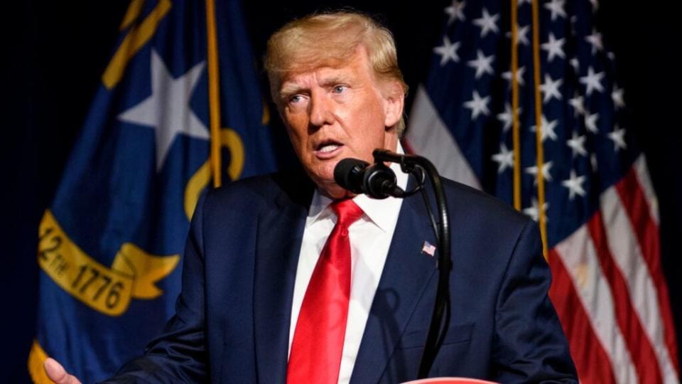 Former U.S. President Donald Trump addresses the NCGOP state convention earlier this month in Greenville, North Carolina. (Photo by Melissa Sue Gerrits/Getty Images)