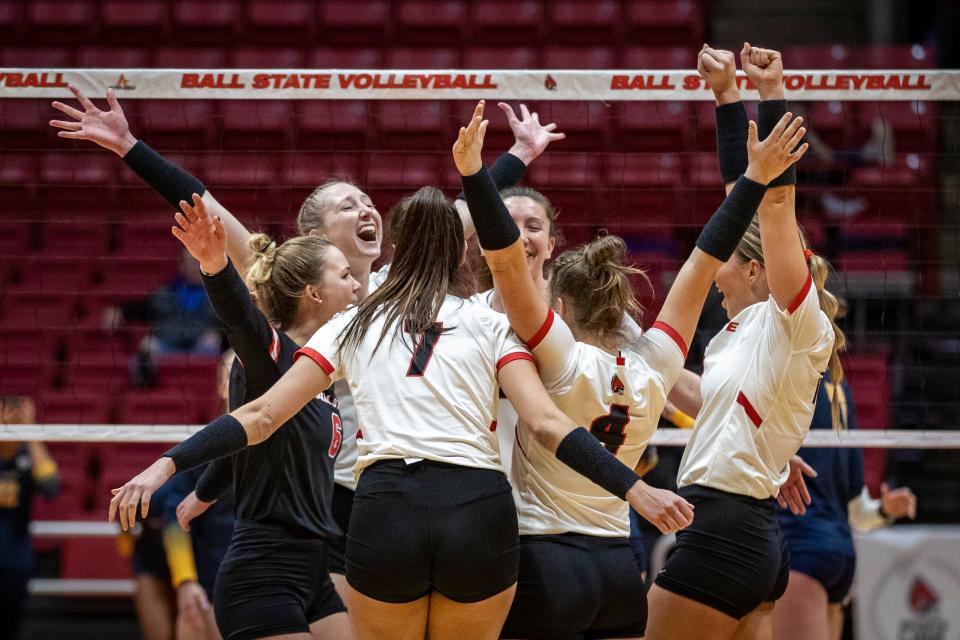Ball State women's volleyball celebrates a point during a match against Toledo at Worthen Arena Wednesday, Nov. 16, 2022. Ball State won 3-0, clinching its second straight Mid-American Conference regular season title.