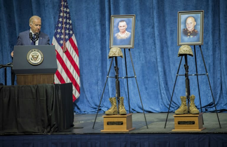 This Department of Defense photo shows US Vice President Joe Biden giving his remarks during the memorial at University of Tennessee in Chattanooga, Tennessee on August 15, 2015 in memory of the sailor and four Marines killed July 16, 2015