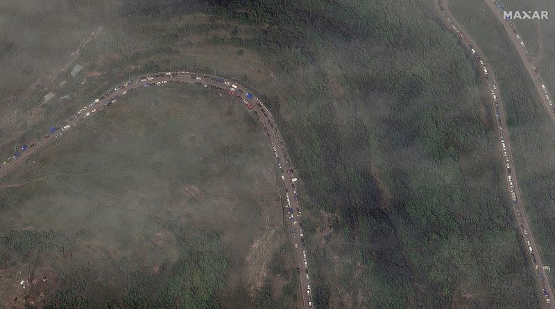 A satellite image shows a long traffic jam of vehicles along the Lachin corridor as ethnic Armenians flee from the Nagorno-Karabakh region