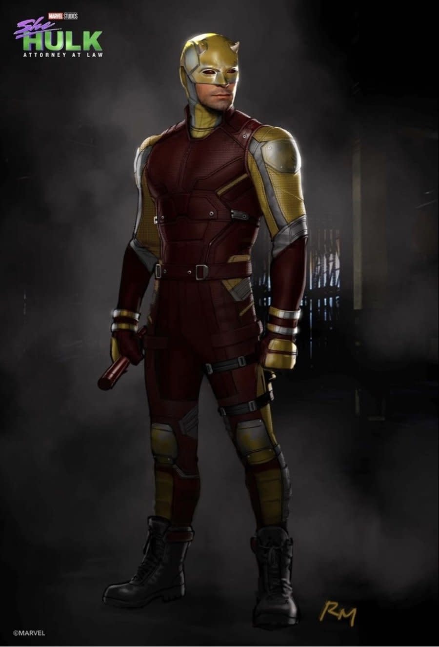 Full body concept art of Daredevil's yellow and red costume from She-Hulk