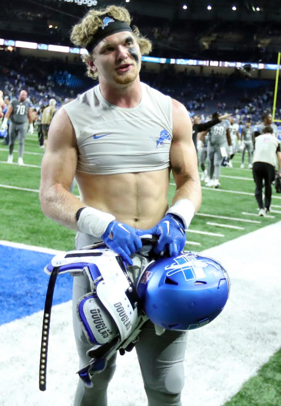 Detroit Lions defensive end Aidan Hutchinson (97) walks off the field after the game against the Las Vegas Raiders Monday, Oct 30, 2023.