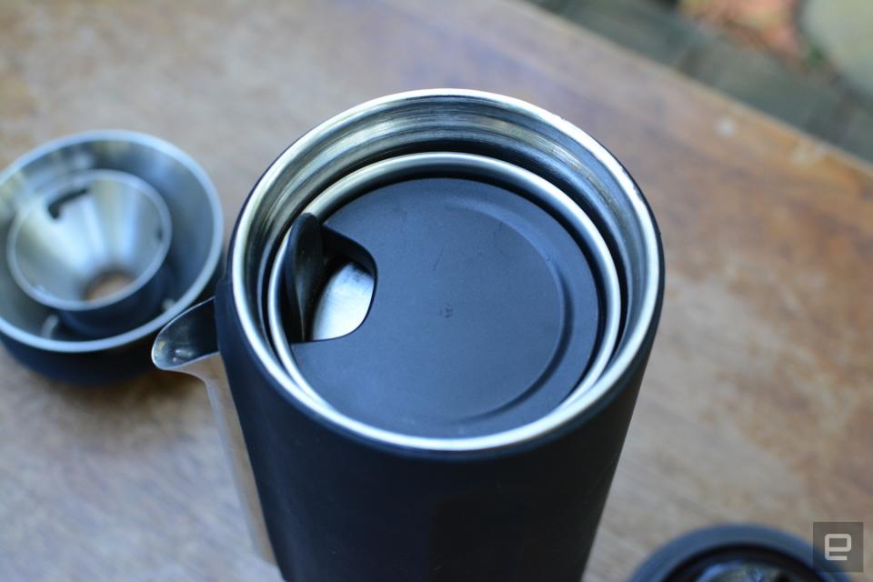 A nearly all-in-one travel kit for pour-over coffee.