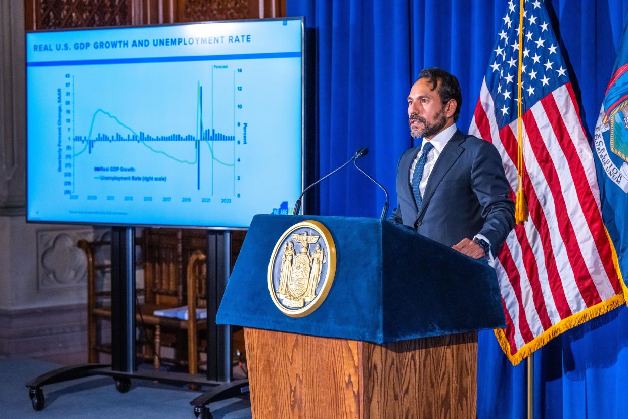 NYS Budget Director Robert Mujica presents the details of the 2023 Executive Budget in Albany, New York on Tuesday, Jan. 18, 2022. 