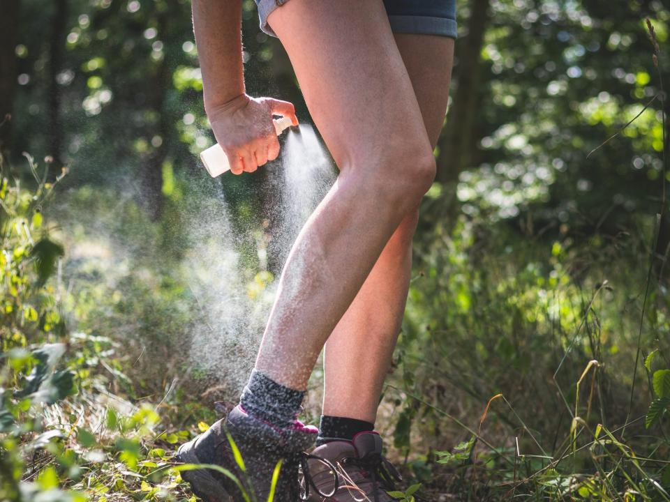 person spraying bug spray on legs