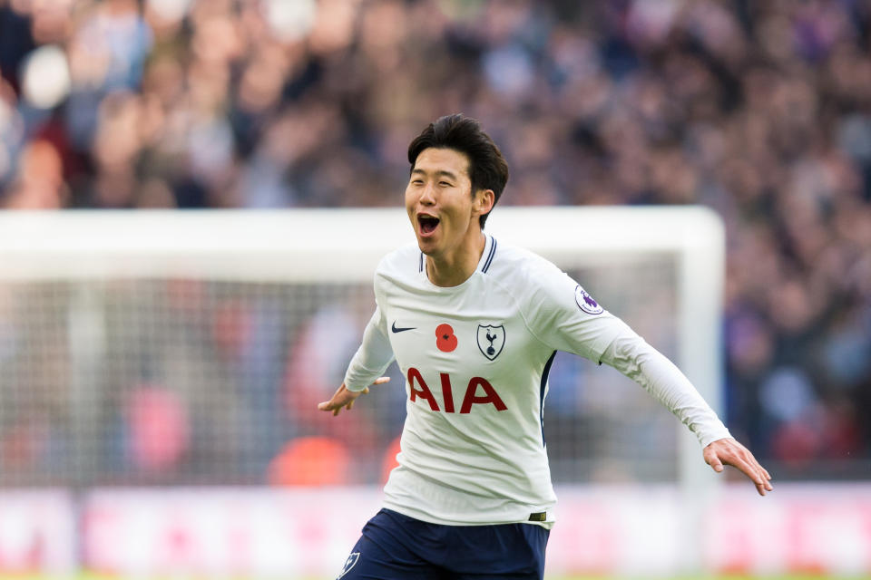 Tottenham Hotspur’s Son Heung-Min celebrates his winner against Crystal Palace. (Getty)