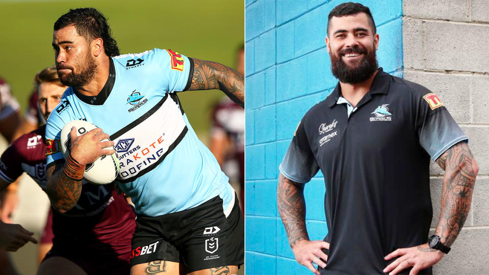 Pictured left, Andrew Fifita in 2020 and his transformation in 2021 on the right.