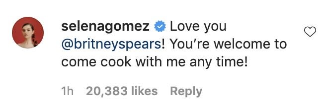 Selena writes, Love you Britney! You're welcome to come cook with me any time!